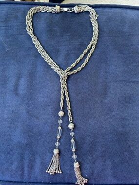 INC International Concepts Silver Rope Chain Pavé Crystal Tassel Lariat Necklace